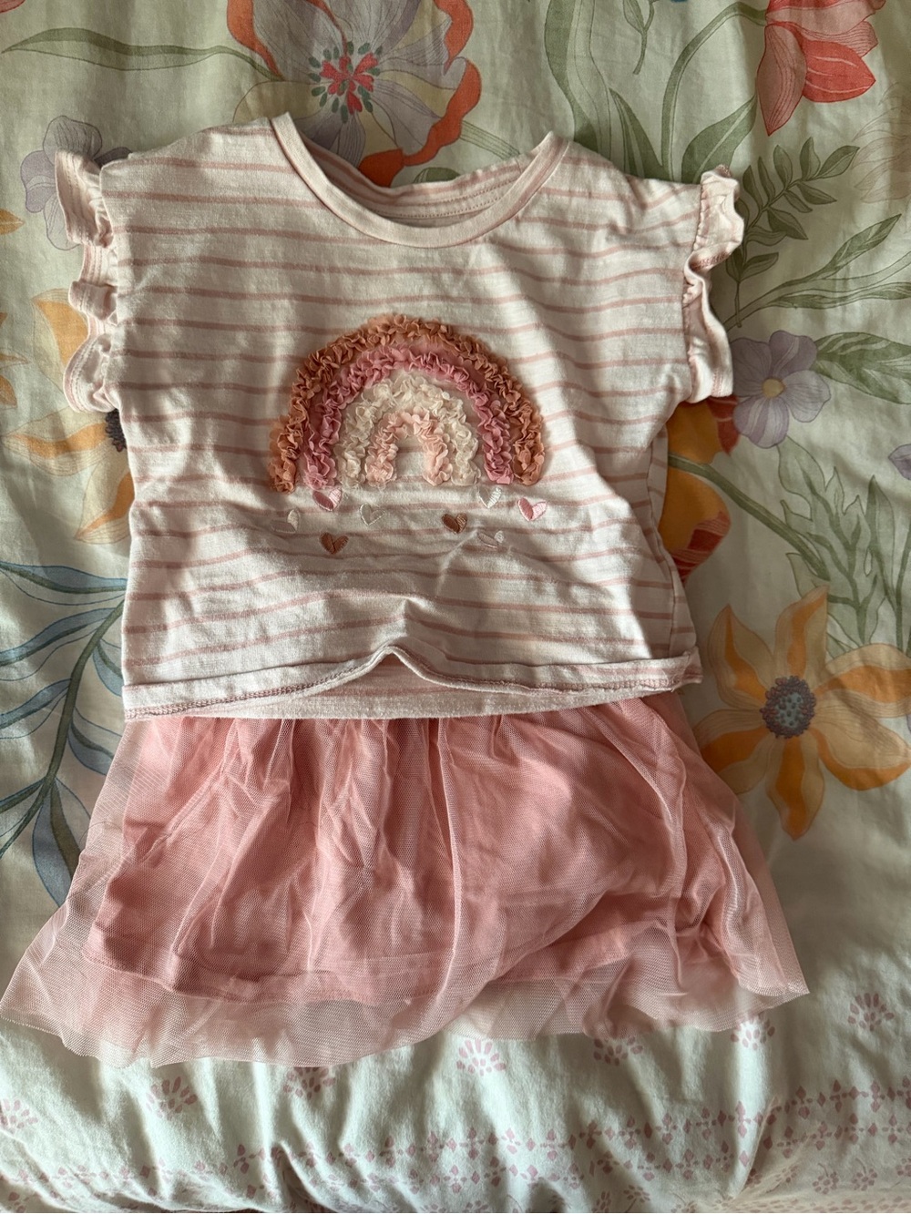 Kids Headquarters Pink and White Striped Ruffle Sleeve Tee with Rainbow Applique